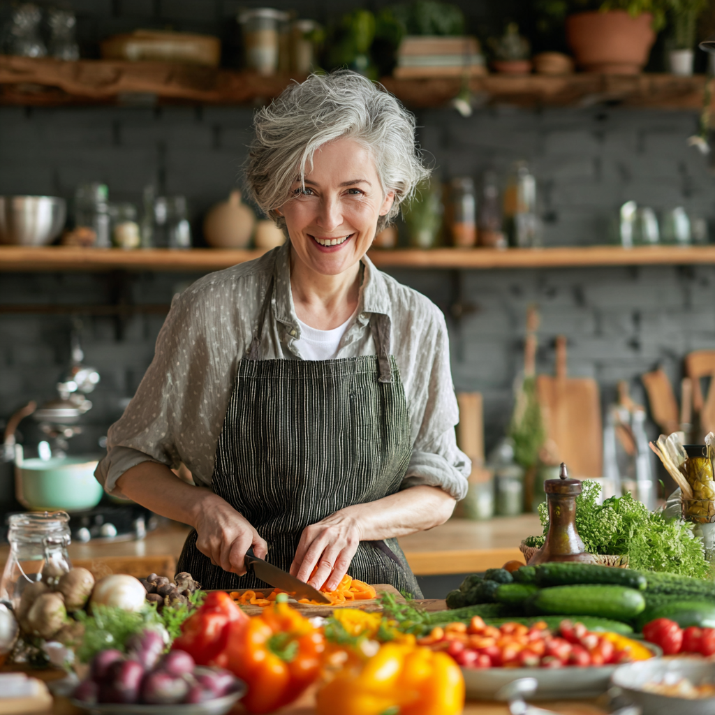 Усміхнена європейська жінка середнього віку тримає тарілку зі свіжими овочами та фруктами, демонструє радість від здорового харчування