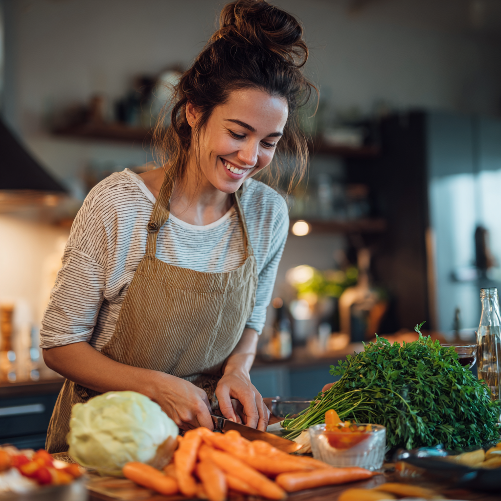 Європейський чоловік у віці готує здорову їжу на кухні з усмішкою, оточений свіжими овочами та зеленню